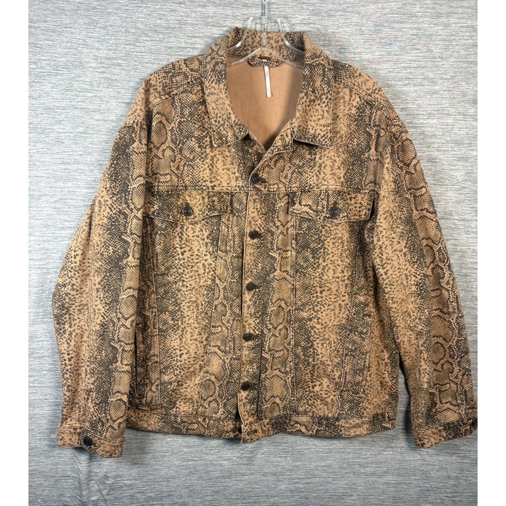 Free People Snakeskin Print Jean Jacket Button Front Trucker Boho Style XL